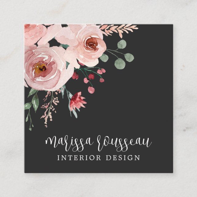 Interior Designer Pink Floral Boho Black Quadratische Visitenkarte (Vorderseite)