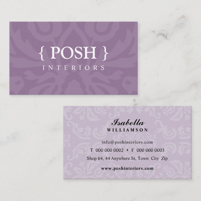 INTERIORS moderne, elegante Textilien Damask lila Visitenkarte (Vorne/Hinten)