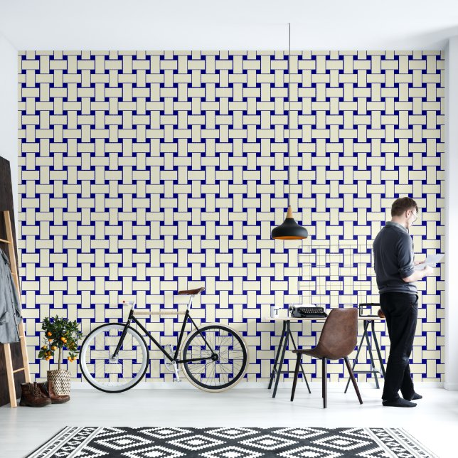 Interlace Pattern Navy blau + warmes Beige Tapete (Wohnbereich)