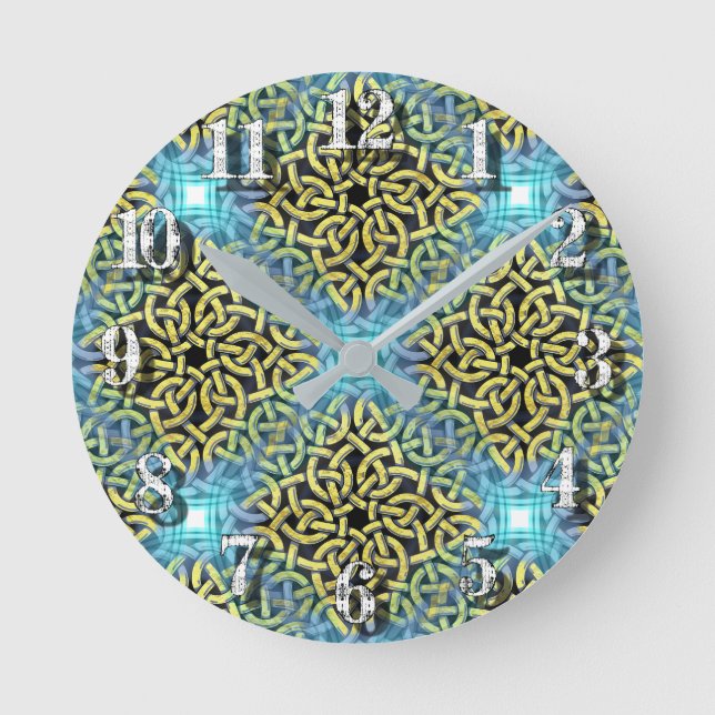Interlacing Victorian Golden Trim Aqua Background Runde Wanduhr (Vorderseite)