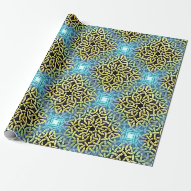 Interlacing Viktorianisch Golden Trim Aqua Hinterg Geschenkpapier (Ungerollt)