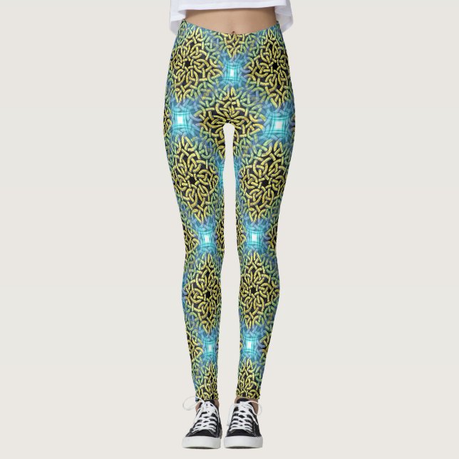 Interlacing Viktorianisch Golden Trim Aqua Hinterg Leggings (Vorderseite)