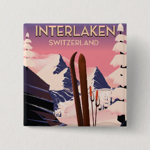 Interlaken Schweiz Skifahrplakat. Button