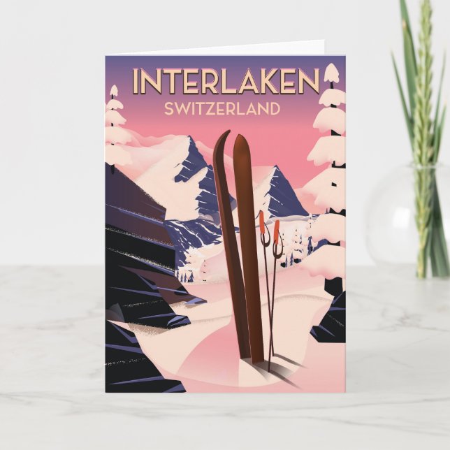 Interlaken Schweiz Skifahrplakat. Feiertagskarte (Vorderseite)