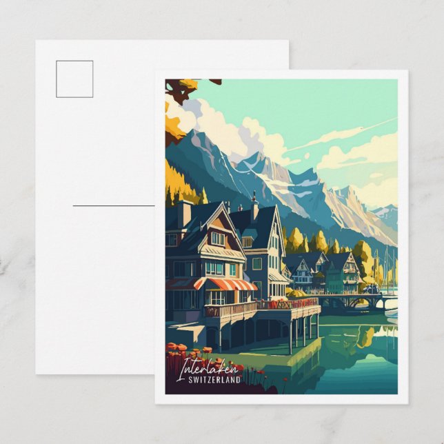Interlaken Schweiz Vintage Illustration Postkarte (Vorne/Hinten)