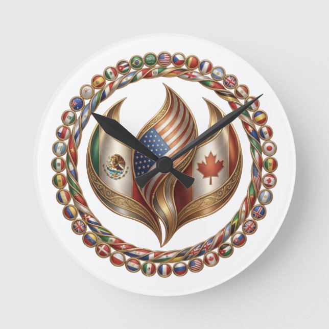 International Unity Flame with World Flags Emblem  Runde Wanduhr (Vorderseite)