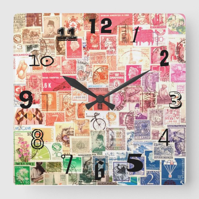 Internationale Briefmarken-Uhr (mit Zahlen) Quadratische Wanduhr (Vorderseite)