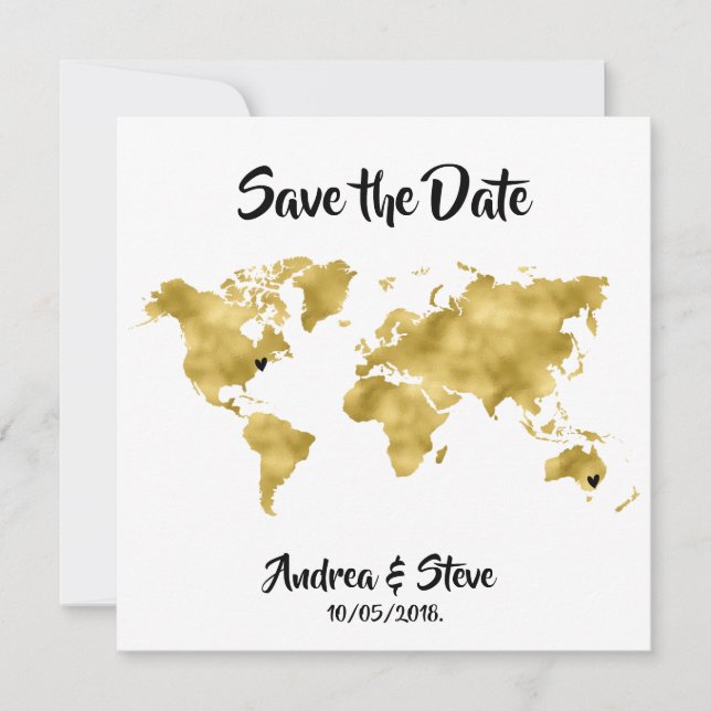 Internationale Paare Weltkarte Wechselherzen Save The Date (Vorderseite)