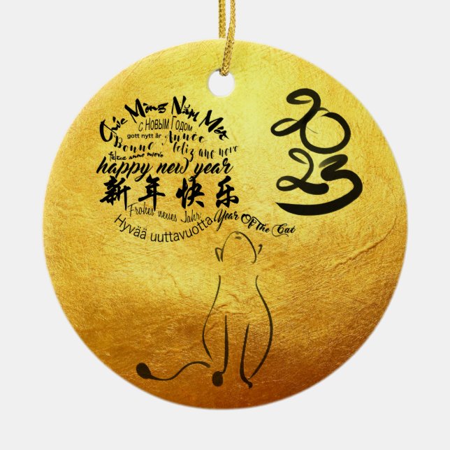 Internationales Jahr der Wünsche Katze 2023 Golden Keramik Ornament (Vorne)