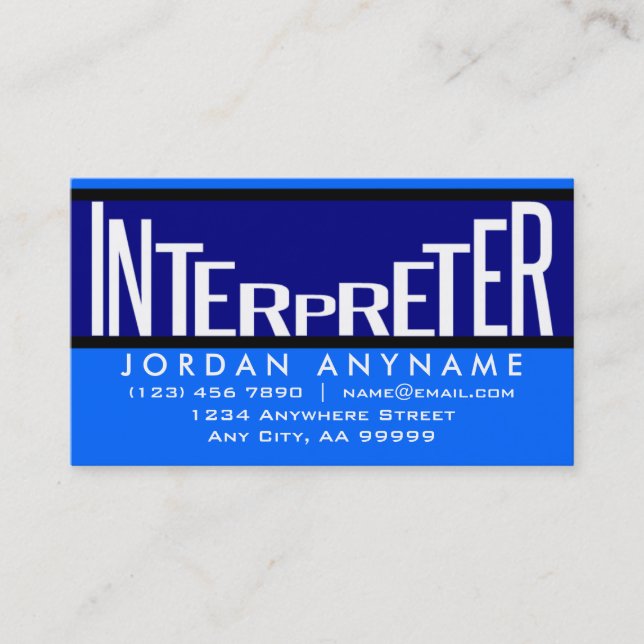 Interpreter Funky Text Blue Business Card Visitenkarte (Vorderseite)