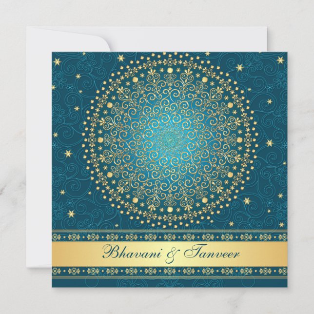 Intricate Aquamarine, Gold Scrolls Stars Einladung (Vorderseite)