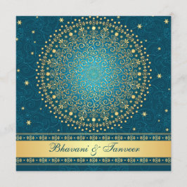 Intricate Aquamarine, Gold Scrolls Stars Einladung