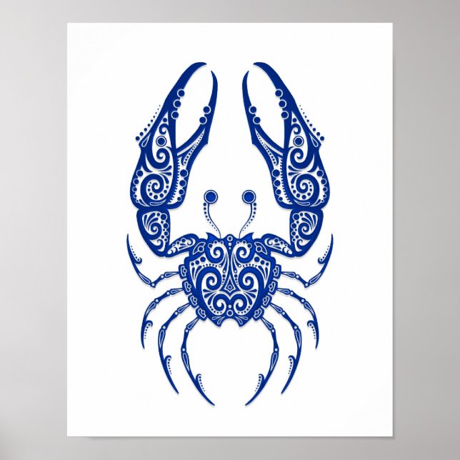 Intricate Blue Cancer Zodiac auf Weiß Poster (Vorne)