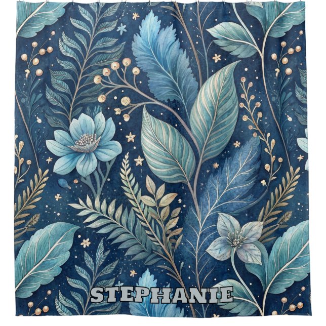 Intricate Blue & Green Botanical - Starry Dark Blu Duschvorhang (Vorderseite)