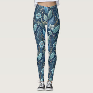 Intricate Blue & Green Botanical - Starry Dark Blu Leggings