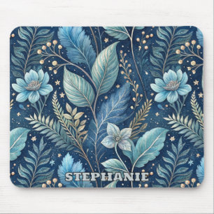 Intricate Blue & Green Botanical - Starry Dark Blu Mousepad