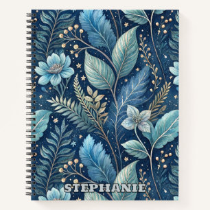 Intricate Blue & Green Botanical - Starry Dark Blu Notizbuch