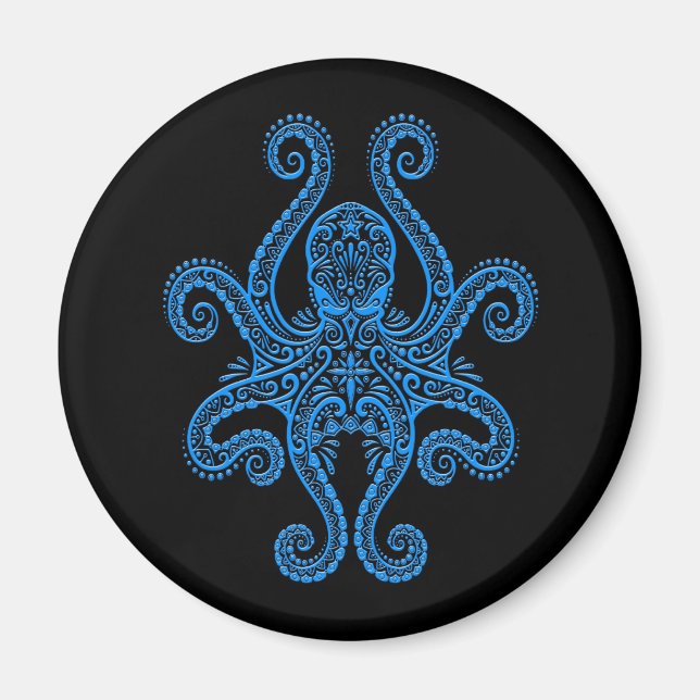 Intricate Blue Octopus auf Schwarz Magnet (Vorne)