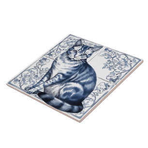 Intricate Blue Rustic Indigo Cat Tiles on Wall Fliese