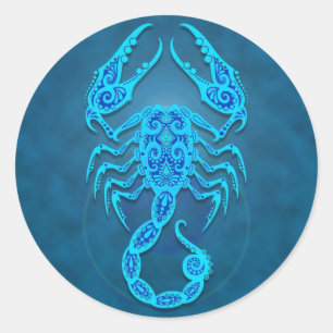Intricate Blue Tribal Scorpio Runder Aufkleber