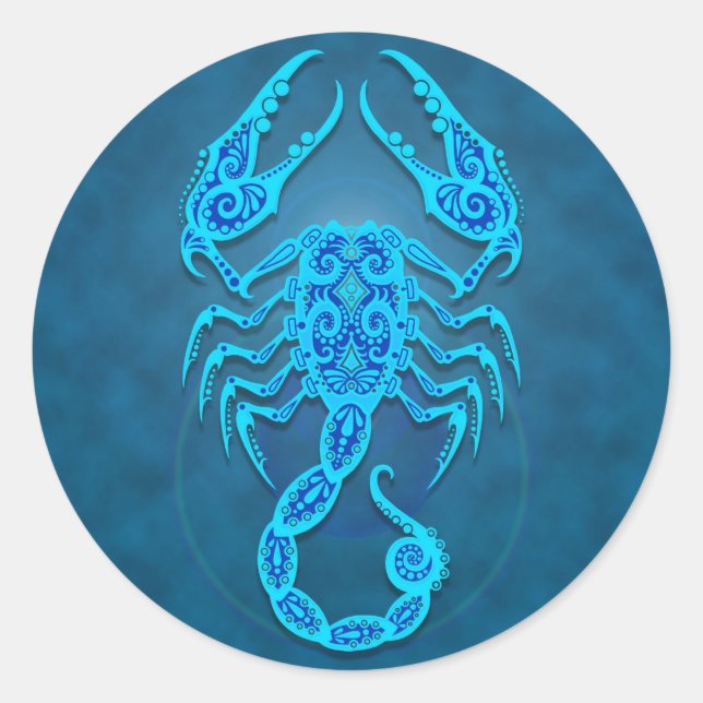Intricate Blue Tribal Scorpio Runder Aufkleber (Vorderseite)