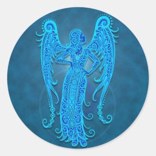 Intricate Blue Tribal Virgo Runder Aufkleber