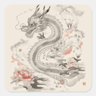 Intricate chinesische Drachen-Linienkunst-Design Quadratischer Aufkleber