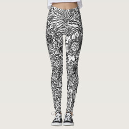 Intricate Floral Design in Black and White Leggings