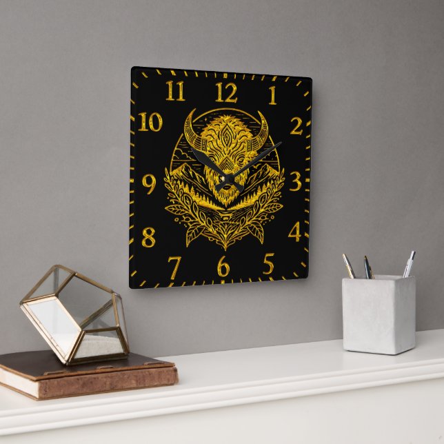 Intricate Illustration of a Gold Bison in Nature Quadratische Wanduhr (Büro)