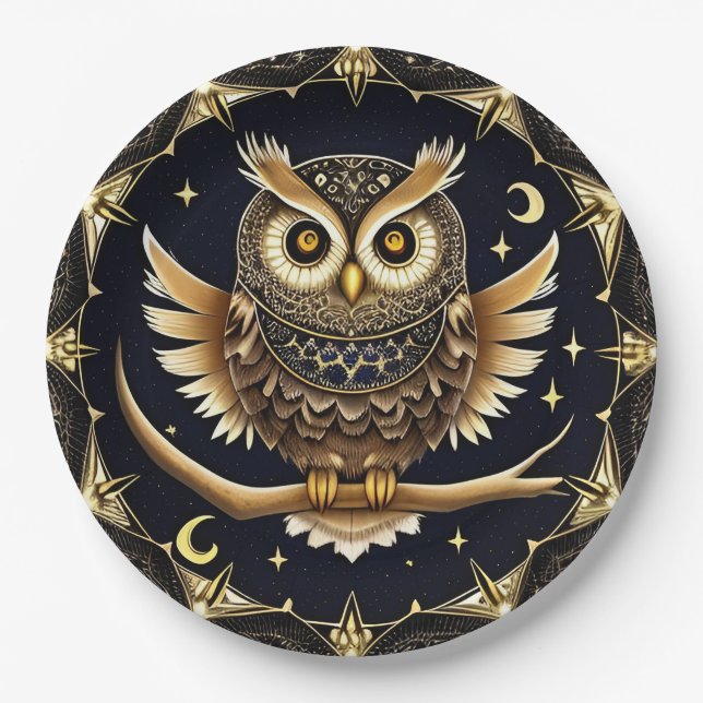 Intricate Night Owl Illustration Pappteller (Vorderseite)