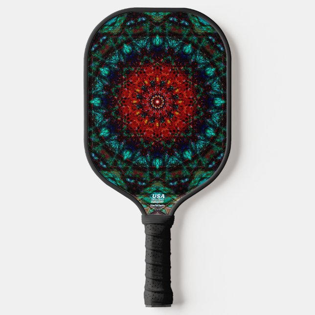 Intricate Red Turquoise Geometric Mandala Art Pickleball Schläger (Vorderseite)