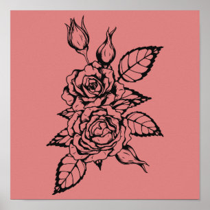 Intricate Schwarzarbeit-Rosen-Tätowierungsdesign-I Poster