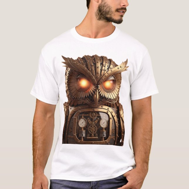 Intricate Steampunk Owl Automaton with Glowing Eye T-Shirt (Vorderseite)