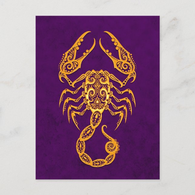 Intricate Yellow Scorpio Zodiac auf Lila Postkarte (Vorderseite)
