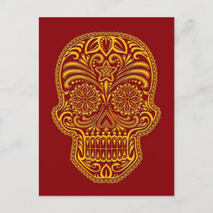 Intricate Yellow Sugar Skull auf Red Postkarte