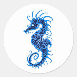 Intricciate Blue Seepferd Design auf Weiß Runder Aufkleber