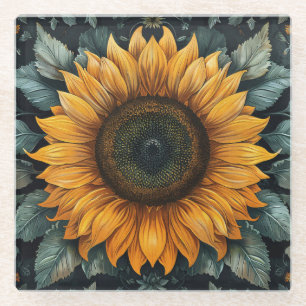 Intricentierte Sonnenblume Botanische Kunst Glasuntersetzer