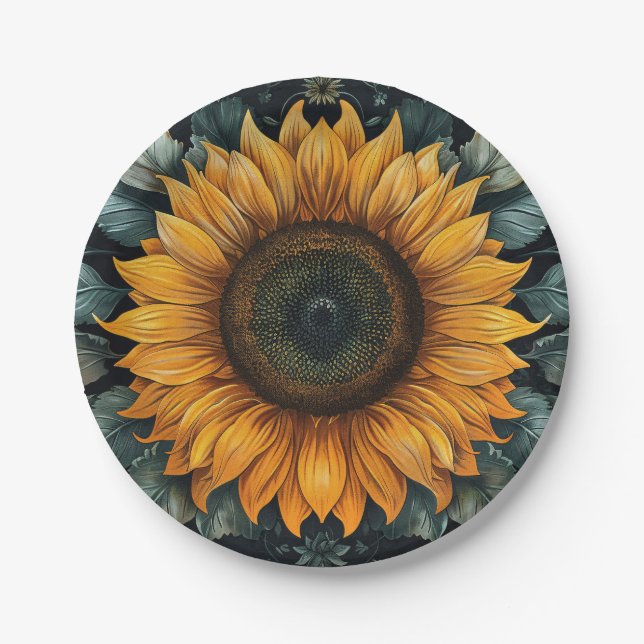 Intricentierte Sonnenblume Botanische Kunst Pappteller (Vorderseite)