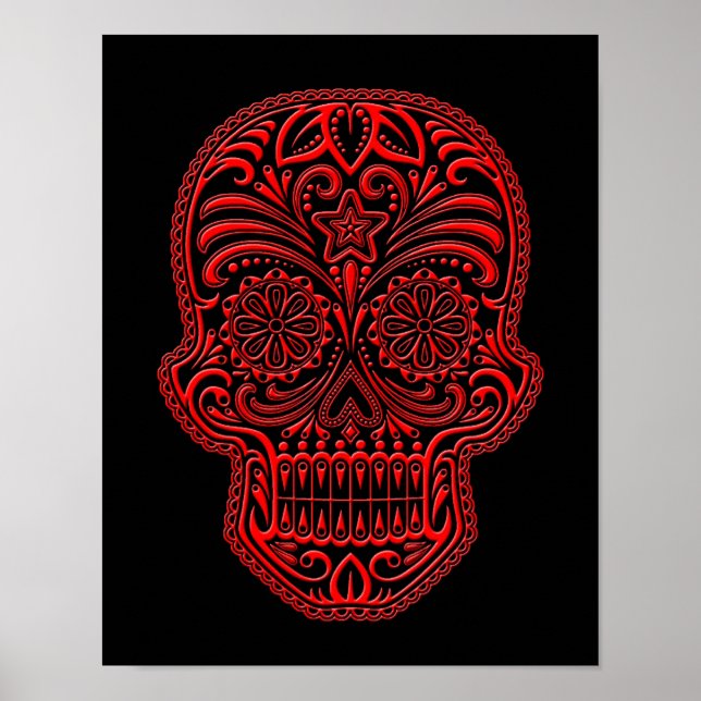 Intricentierter Red Sugar Skull auf schwarz Poster (Vorne)