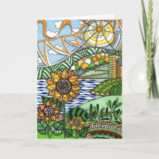 Intrigante, handgezeichnete Sonnenblumen-Landschaf Karte