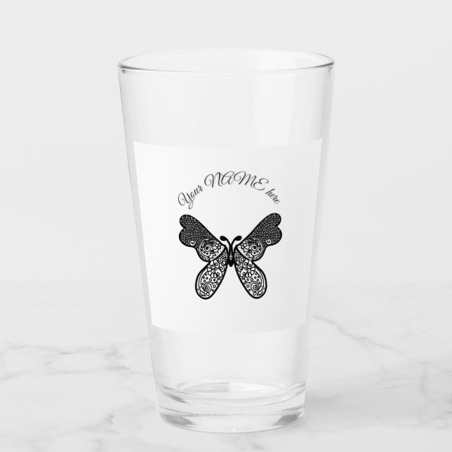 Intrigantes Boho-Mandala-Schmetterling-Schwarz-Wei Glas (Vorderseite)