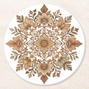 Intrigantes Mandala-Blumen-Kunstwerk in Braun Runder Pappuntersetzer