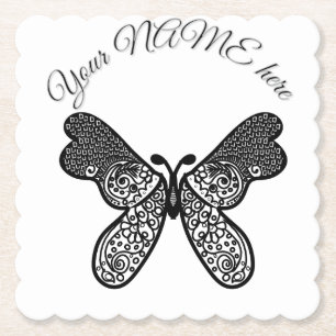 Intrigerter Boho-Mandala-Schmetterling Schwarz und Untersetzer