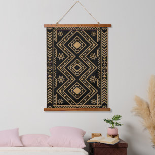 Intrigierendes schwarzes Gold geometrisches Oberfl Wandteppich Mit Holzrahmen