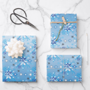 Intrikierte blaue und weiße Sterne und Schneeflock Geschenkpapier Set