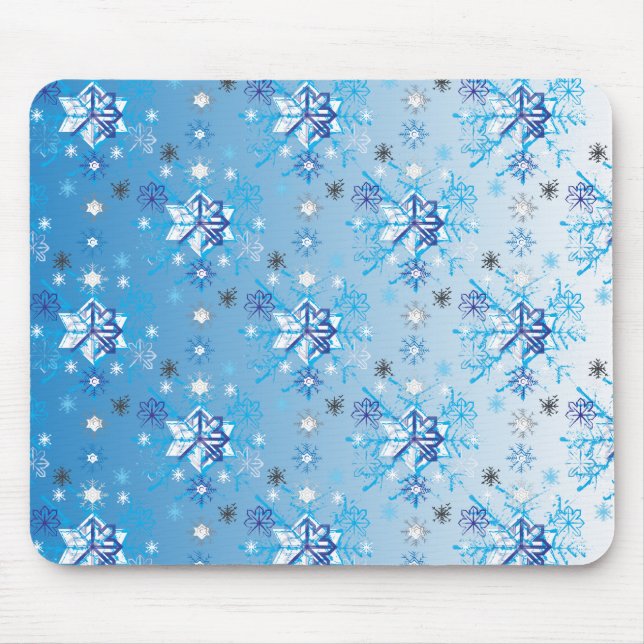 Intrikierte blaue und weiße Sterne und Schneeflock Mousepad (Vorne)