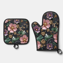 Intrikierte Blume auf schwarz Ofenhandschuh & Topflappen-Set