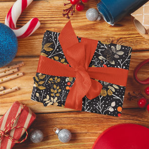 Intrikiertes Leaf- und Berry-Muster auf schwarz Geschenkpapier