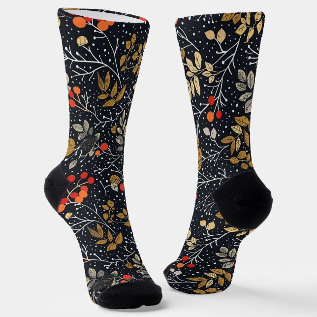 Intrikiertes Leaf- und Berry-Muster auf schwarz Socken (Gewinkelt)