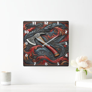Intriziieren Sie Firemans Ax Amidst Swirling Desig Quadratische Wanduhr